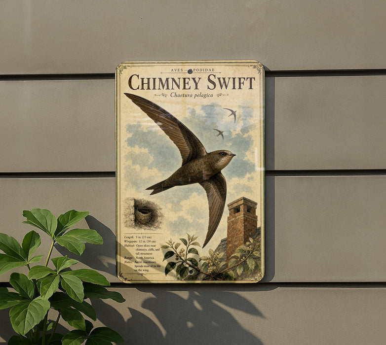 a vintage-style metal sign with an illustration of a bird, specifically a Chimney Swift, flying over a brick chimney. The sign is mounted on a wall and is surrounded by greenery, including a plant.