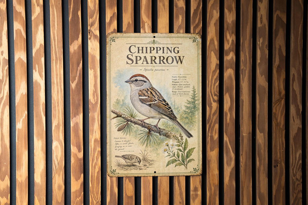a vintage-style metal sign with a sparrow illustration, mounted on a wooden wall.
