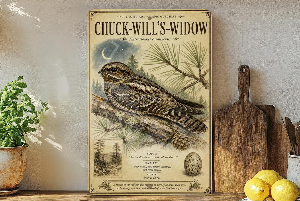 A framed illustration of a woodpecker, labeled as "CHUCK-WILL'S-WIDOW", is displayed on a shelf next to a wooden cutting board and a potted plant.