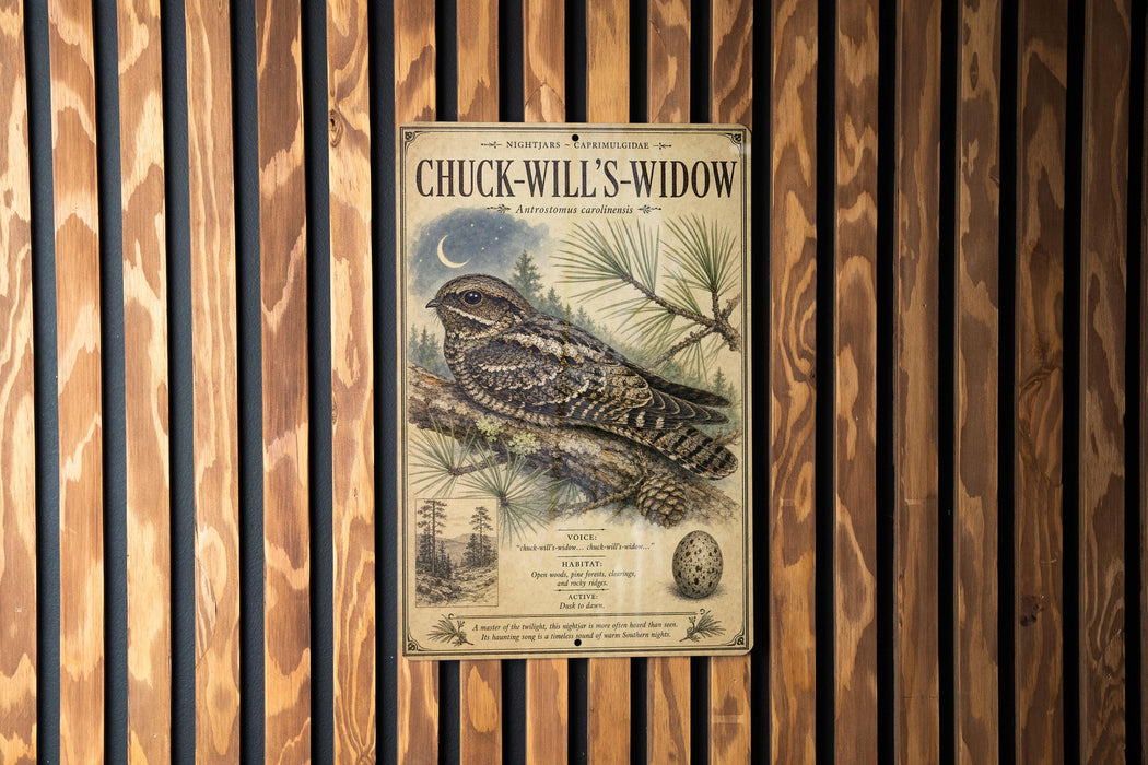 A poster of a woodpecker is displayed on a wooden wall, with a bird illustration and text.