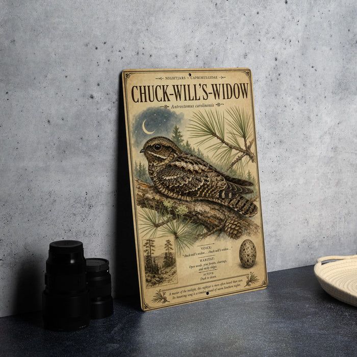 A vintage-style metal plate with an illustration of a bird, specifically a woodpecker, perched on a branch. The plate has text and an illustration of pine trees and a crescent moon.