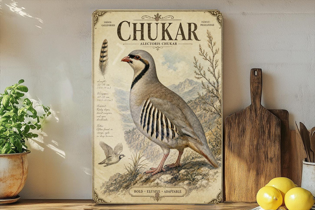 a vintage-style poster of a chukar, a type of bird, displayed on a wall next to a wooden cutting board and some kitchen utensils.
