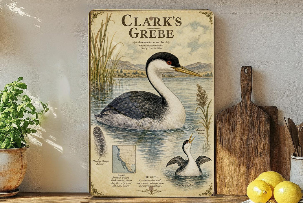 A framed illustration of a black and white duck swimming in a body of water, with text describing the bird and its habitat.