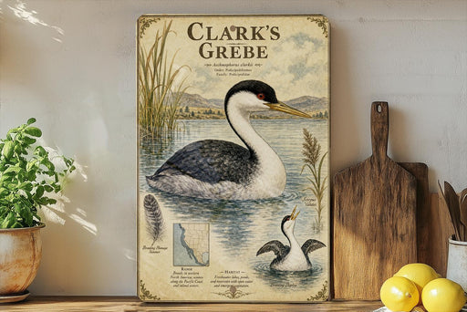 A framed illustration of a black and white duck swimming in a body of water, with text describing the bird and its habitat.