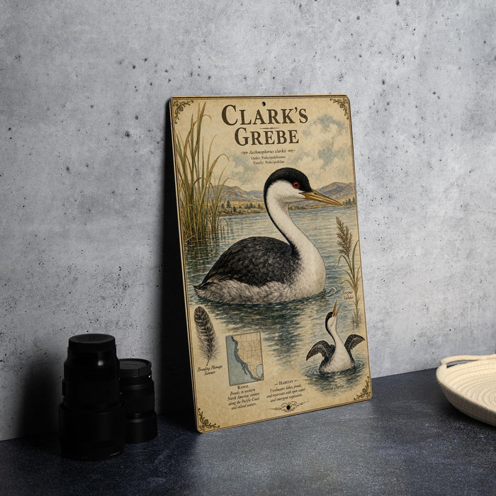 A framed illustration of a black and white bird, likely a heron or egret, swimming in a body of water. The bird is surrounded by tall grasses and reeds, and there is a map of the area in the background.