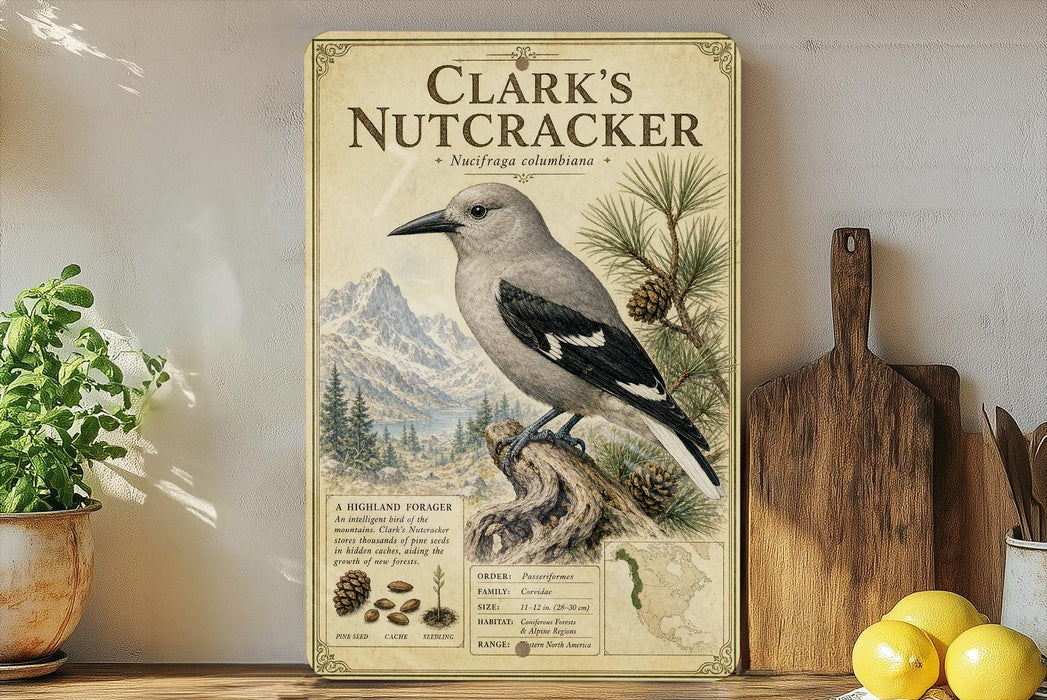 A vintage-style poster of Clark's Nutcracker, featuring a detailed illustration of the bird perched on a tree stump with a mountainous background.
