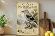 A vintage-style poster of Clark's Nutcracker, featuring a detailed illustration of the bird perched on a tree stump with a mountainous background.