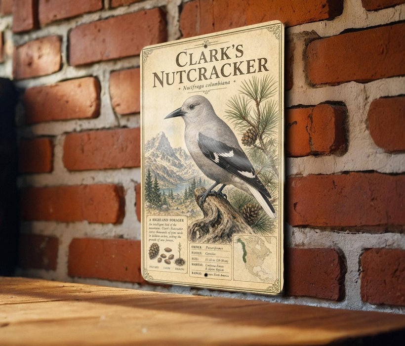 A vintage-style metal sign with a detailed illustration of a nutcracker bird, mounted on a brick wall.