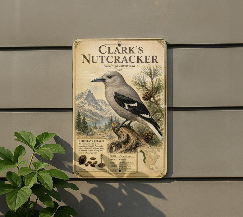 A metal sign with a detailed illustration of a bird, labeled as " Clark's Nutcracker", is mounted on a wall next to a plant.