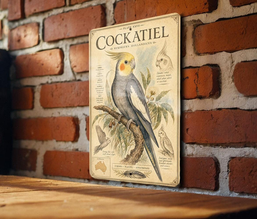 a vintage-style metal sign with a detailed illustration of a cockatiel perched on a branch, mounted on a brick wall.