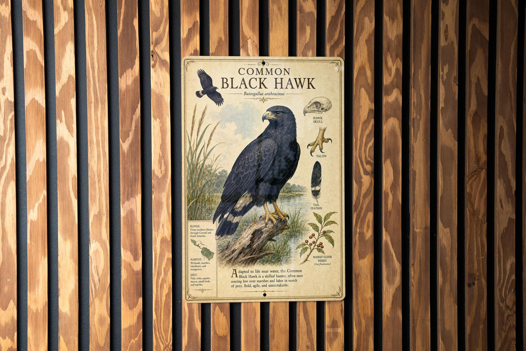 a metal sign with an illustration of a black hawk, mounted on a wooden wall.