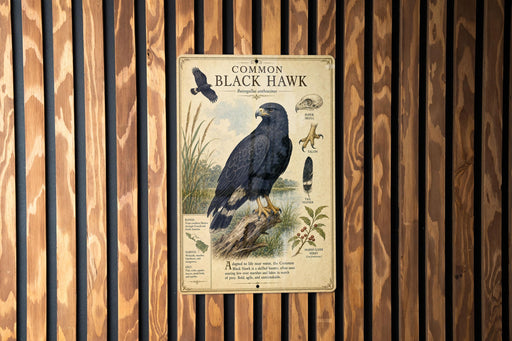 a metal sign with an illustration of a black hawk, mounted on a wooden wall.