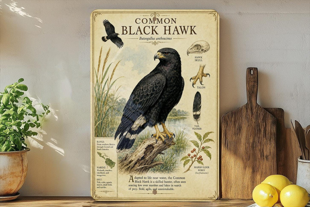 a framed illustration of a black hawk, with various text and illustrations related to the bird, such as its habitat, diet, and physical features.