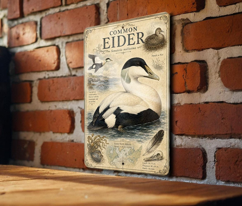 a vintage-style metal sign with illustrations of ducks and other wildlife, mounted on a brick wall.