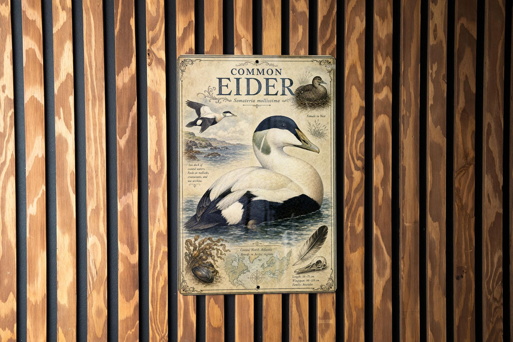 a vintage-style poster of a Common Eider bird, which is a type of sea bird, displayed on a wooden wall.