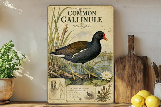 a vintage-style illustration of a Common Gallinule, a type of water bird, standing on a pond with lily pads. The illustration is accompanied by text that provides information about the bird, including its habitat and behavior.