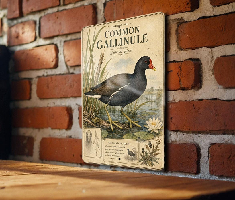 a vintage-style metal sign with a detailed illustration of a Common Gallinule, a type of water bird, on a brick wall.