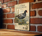 a vintage-style metal sign with a detailed illustration of a Common Gallinule, a type of water bird, on a brick wall.