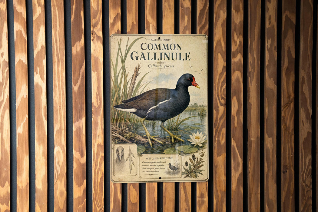 a metal sign with a bird illustration, mounted on a wooden wall.