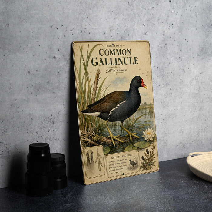 a vintage-style metal plate with an illustration of a Common Gallinule, a type of water bird, standing on a pond with a lily pad.