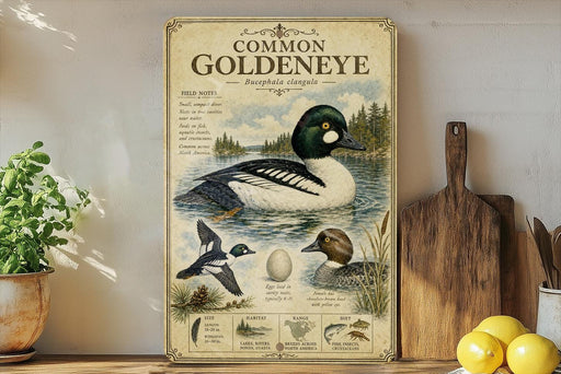 a vintage-style poster of a Common Goldeneye, a type of duck, with illustrations and text providing information about the bird.