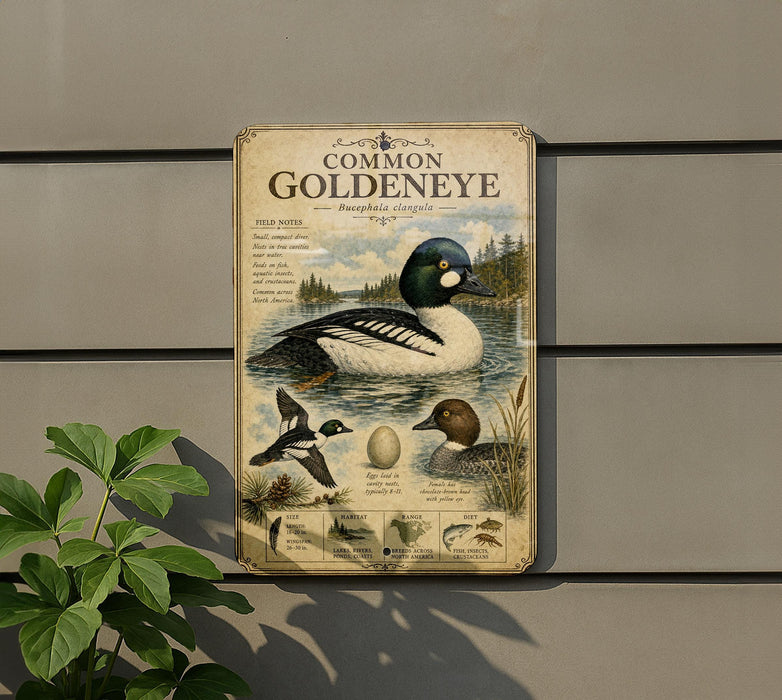 a vintage-style metal sign with illustrations and text about the Common Eye, a type of waterfowl.