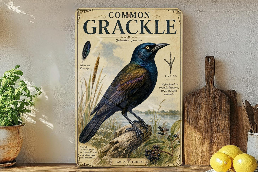 a vintage-style poster of a Common Grackle bird, with illustrations of the bird, its habitat, and its scientific name. The poster is displayed on a shelf next to a wooden cutting board and a potted plant.