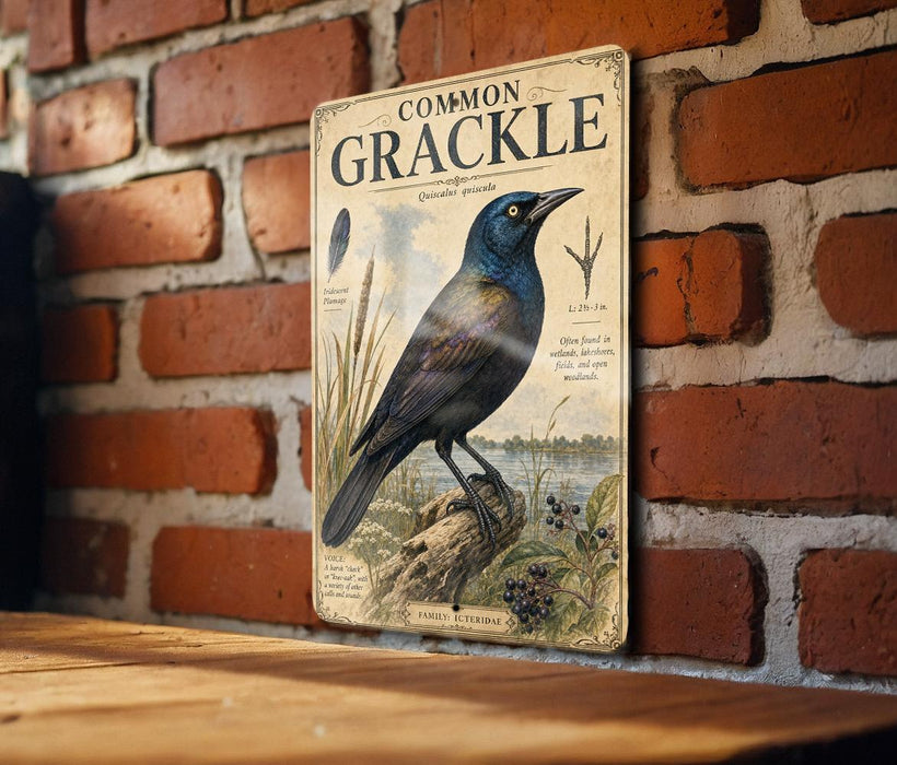 a vintage-style illustration of a Common Crackle bird perched on a tree stump, with a brick wall in the background.