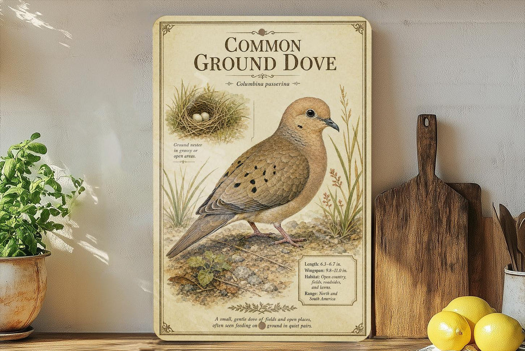 a vintage-style illustration of a Common Ground Dove, a bird known for its distinctive appearance and habitat. The illustration includes a detailed depiction of the bird's physical features, such as its brown and white plumage, black speckled wings, and a small nest in the background. The illustration is set against a backdrop of a white wall, with a wooden shelf displaying various kitchen utensils and a potted plant nearby.