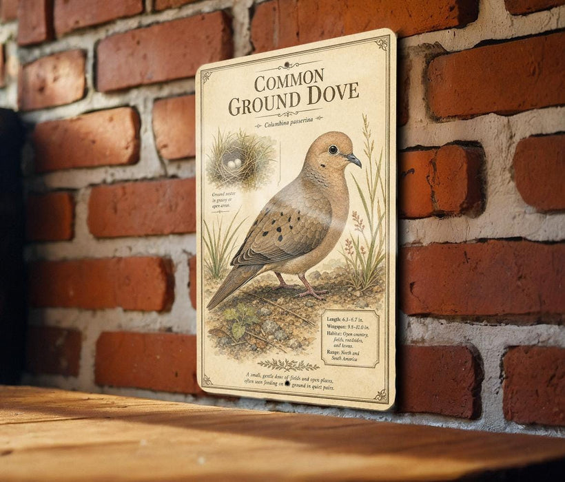 a vintage-style illustration of a Common Ground Dove, a small bird with a brown body and black markings, standing on the ground with a nest nearby. The illustration is mounted on a brick wall, and there is a wooden table below it.