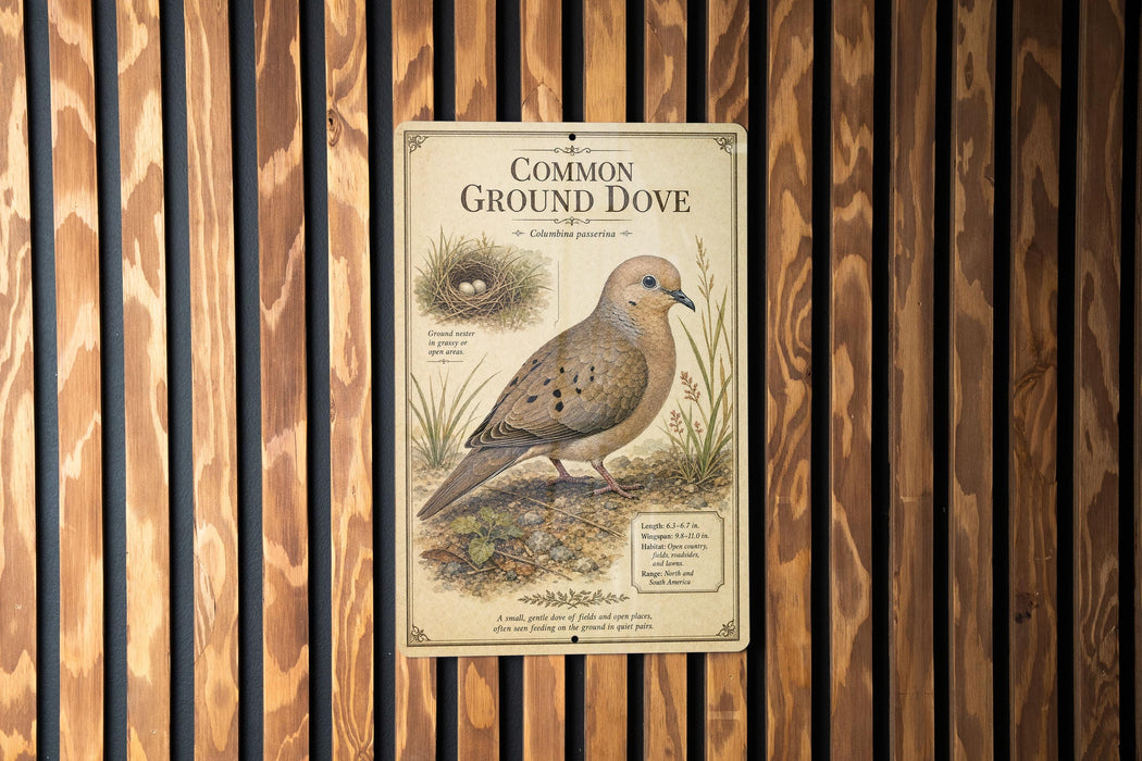 a vintage-style illustration of a Common Ground Dove, a bird native to the United States. The illustration depicts the bird standing on the ground, surrounded by grass and plants. The text on the illustration provides information about the Common Ground Dove, including its habitat, diet, and behavior.