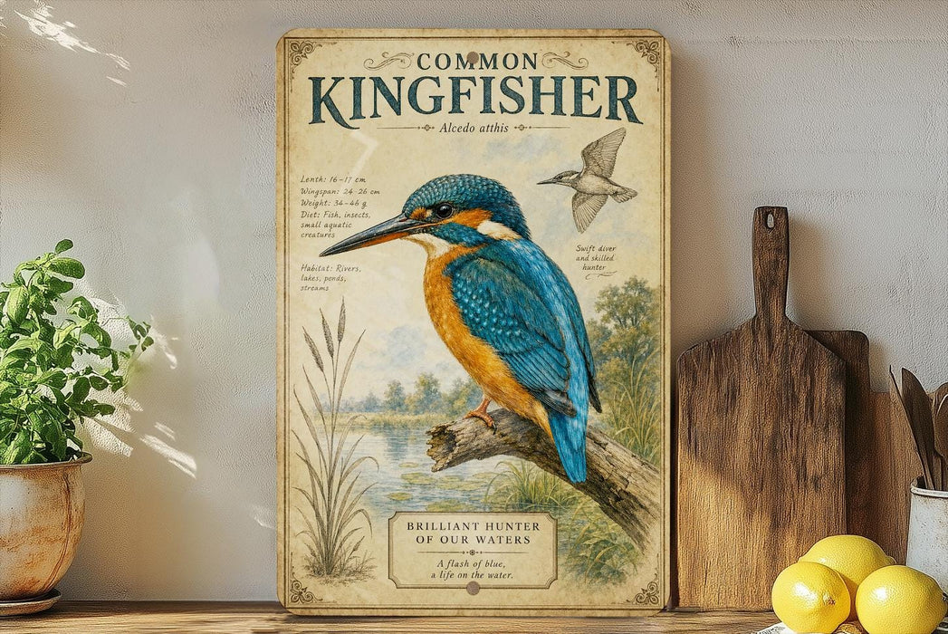 a framed illustration of a kingfisher bird, a type of wading bird, perched on a branch. The frame has a vintage-style design with ornate lettering and illustrations. The bird is depicted in a detailed and realistic manner, showcasing its vibrant colors and distinctive features. The frame is placed on a shelf, surrounded by various kitchen utensils and a potted plant, creating a cozy and homey atmosphere.