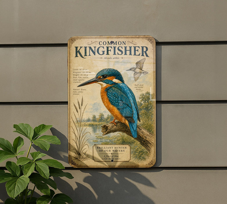 a sign for the Common Kingfisher, a bird species, mounted on a wall.