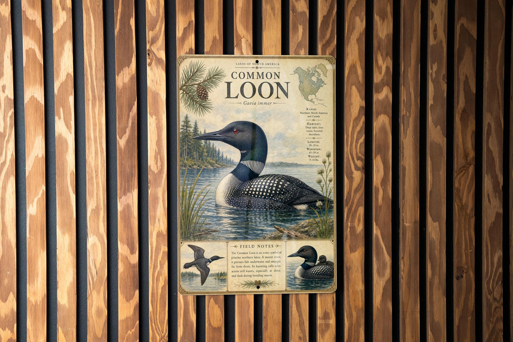 a vintage-style metal sign with illustrations of loon birds, mounted on a wooden wall.