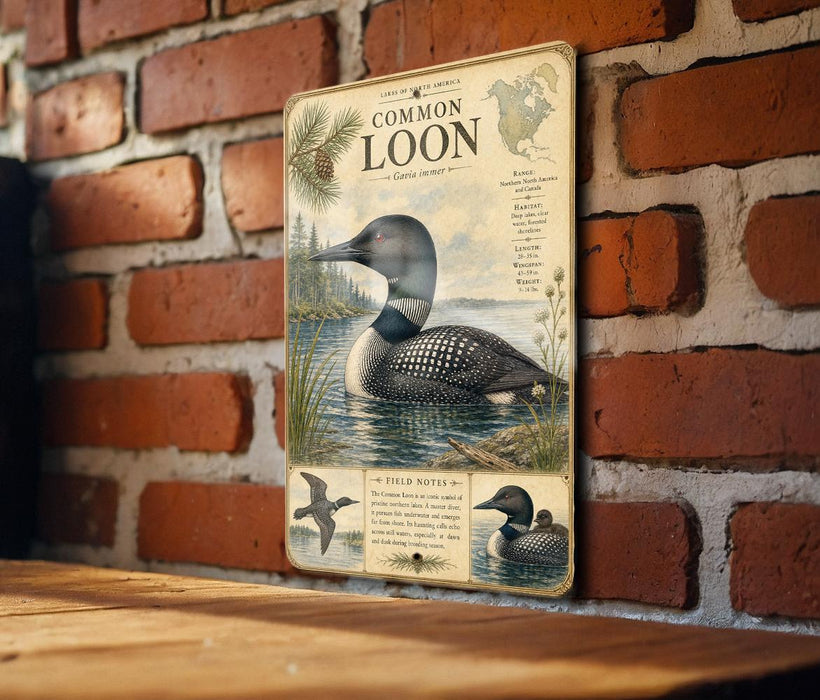 a metal sign with a detailed illustration of a loon, a type of bird, on a brick wall.
