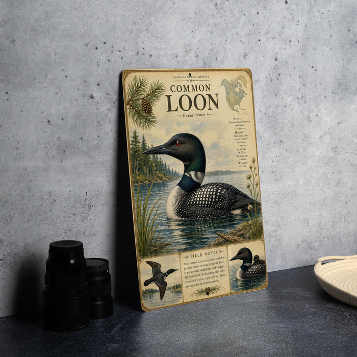 A vintage-style metal sign featuring a loon, a bird commonly found in North America, with a map and other wildlife illustrations.