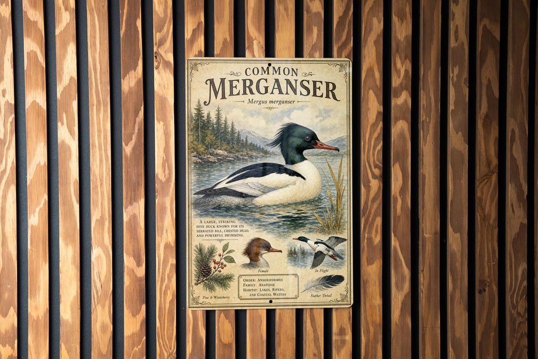 a vintage-style metal plaque with a depiction of a mermaid, a type of sea bird, and various bird illustrations.