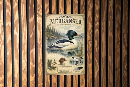 a vintage-style metal plaque with a depiction of a mermaid, a type of sea bird, and various bird illustrations.