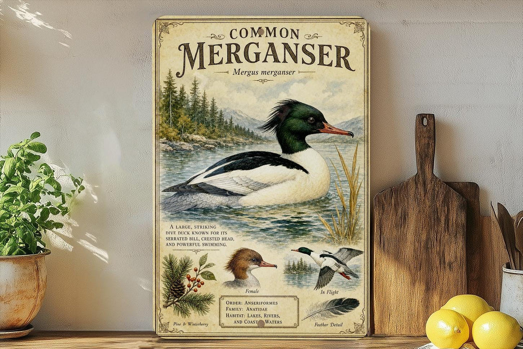 a vintage-style poster of a merganser duck, with a detailed illustration of the bird and its natural habitat. The poster is displayed on a shelf next to a wooden cutting board and a potted plant, creating a rustic and homey atmosphere.