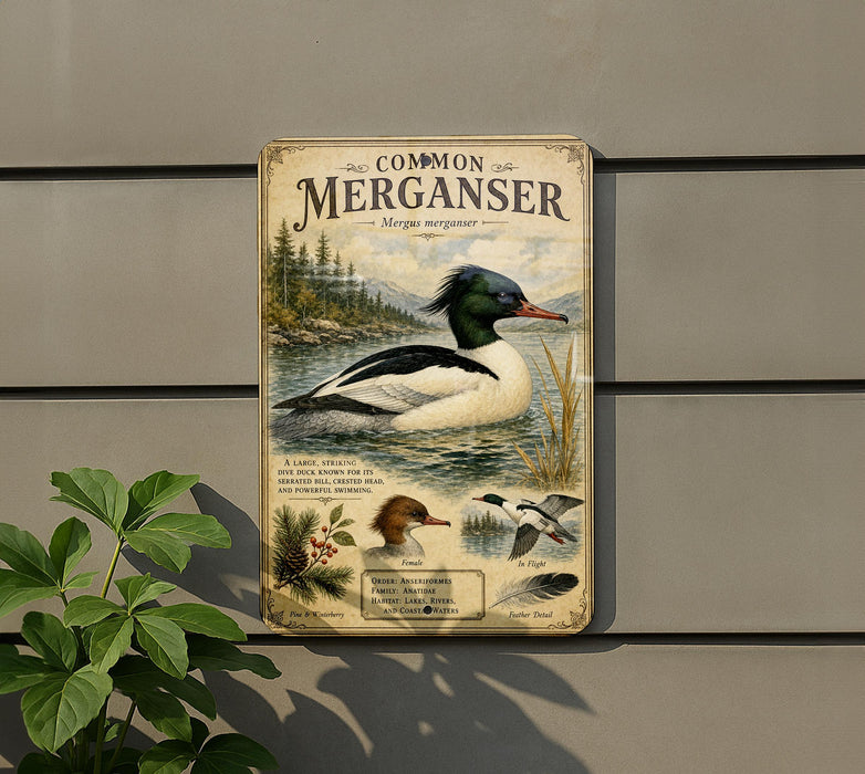 a vintage-style metal sign with a collage of bird illustrations, including a merganser, against a backdrop of a forest and water.