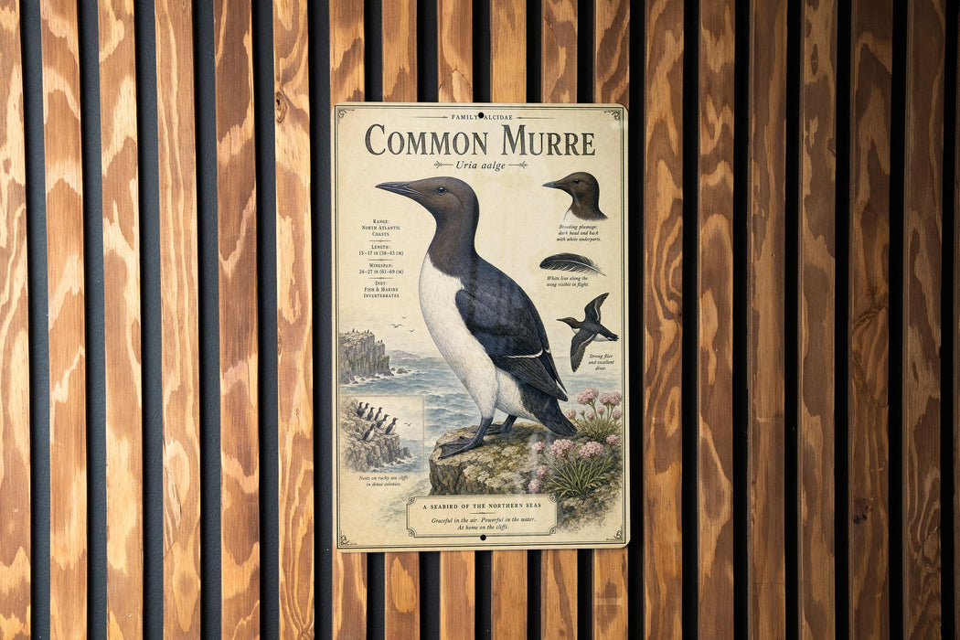 a poster of a Common Murre, a type of sea bird, displayed on a wooden wall.