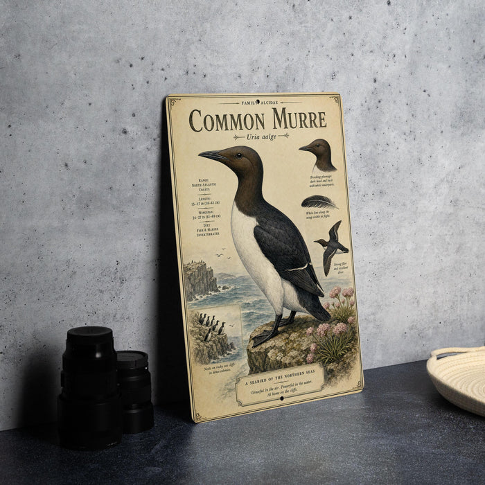 a metal plate with an illustration of a Common Murre, a type of sea bird, standing on a rock with a coastal landscape in the background.