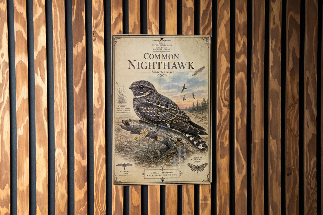 a poster of a Common Night Hawk, a bird of prey, mounted on a wooden wall.