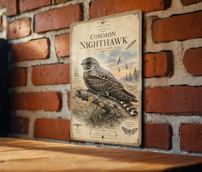 a vintage-style metal sign with a bird illustration, mounted on a brick wall.