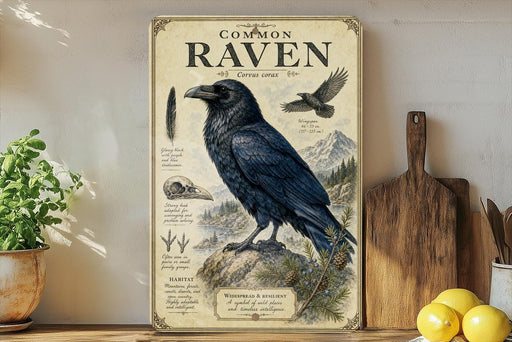 a vintage-style illustration of a black raven, accompanied by various bird-related illustrations and text.