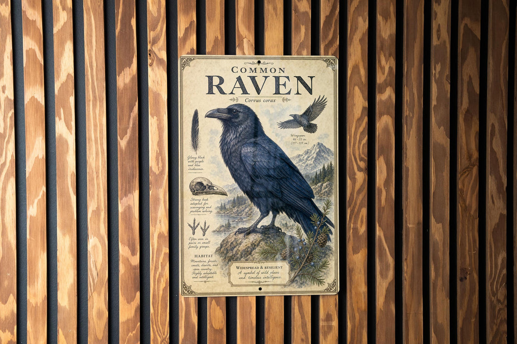 a poster of a raven, which is mounted on a wooden wall.
