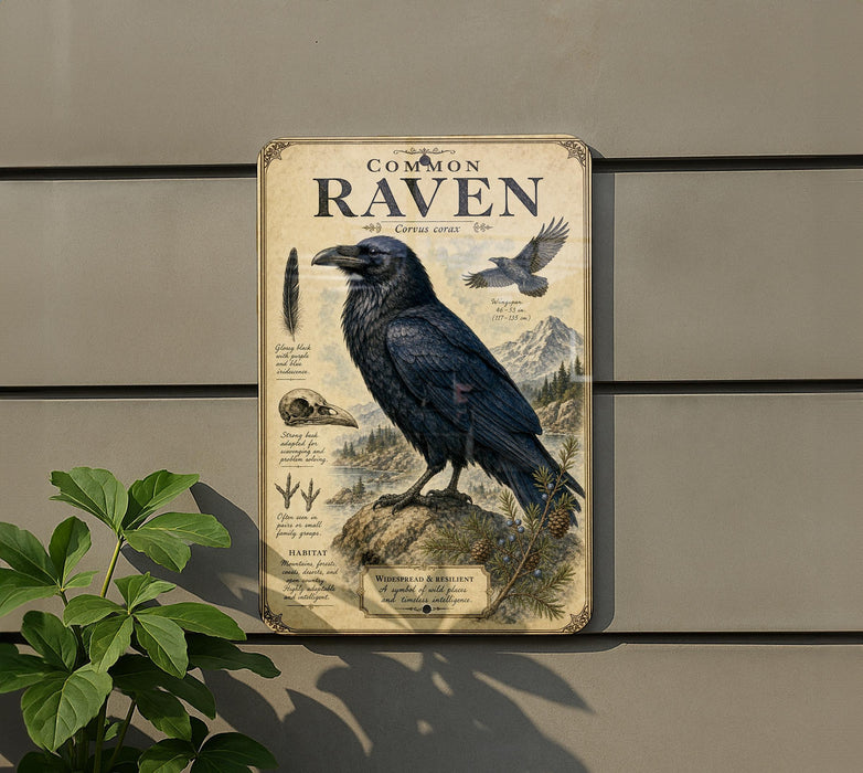 a vintage-style sign with a black raven illustration, mounted on a wall.