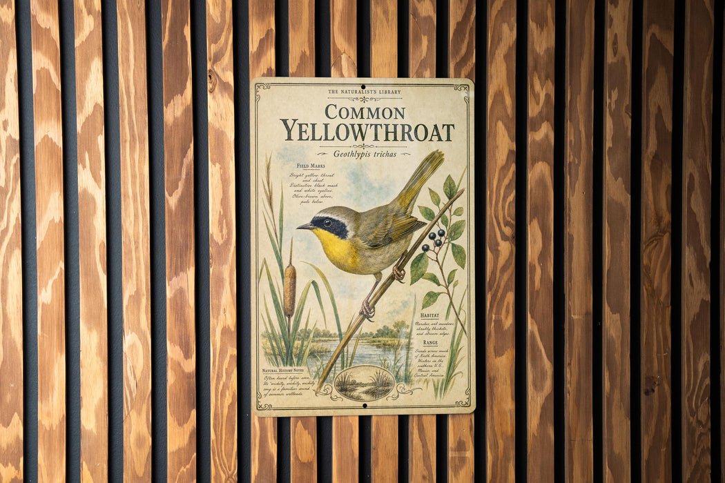 a vintage-style illustration of a yellow throatbird perched on a branch, with detailed botanical illustrations and text providing information about the bird.