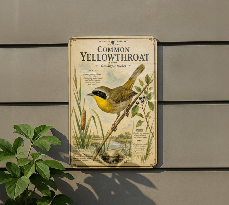 a vintage-style metal sign with a detailed illustration of a yellow throatbird perched on a branch, surrounded by plants and a body of water.