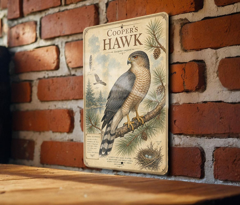 A vintage-style metal sign featuring a detailed illustration of a hawk perched on a branch, with pine cones and pine needles in the background.